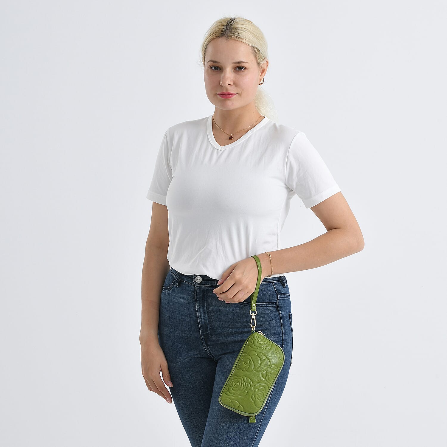 Genuine Leather Floral Embossed Wristlet Clutch Bag - Olive