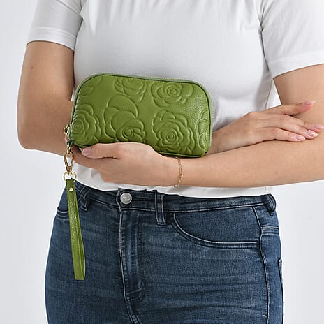 Genuine Leather Floral Embossed Crossbody Bag - Olive