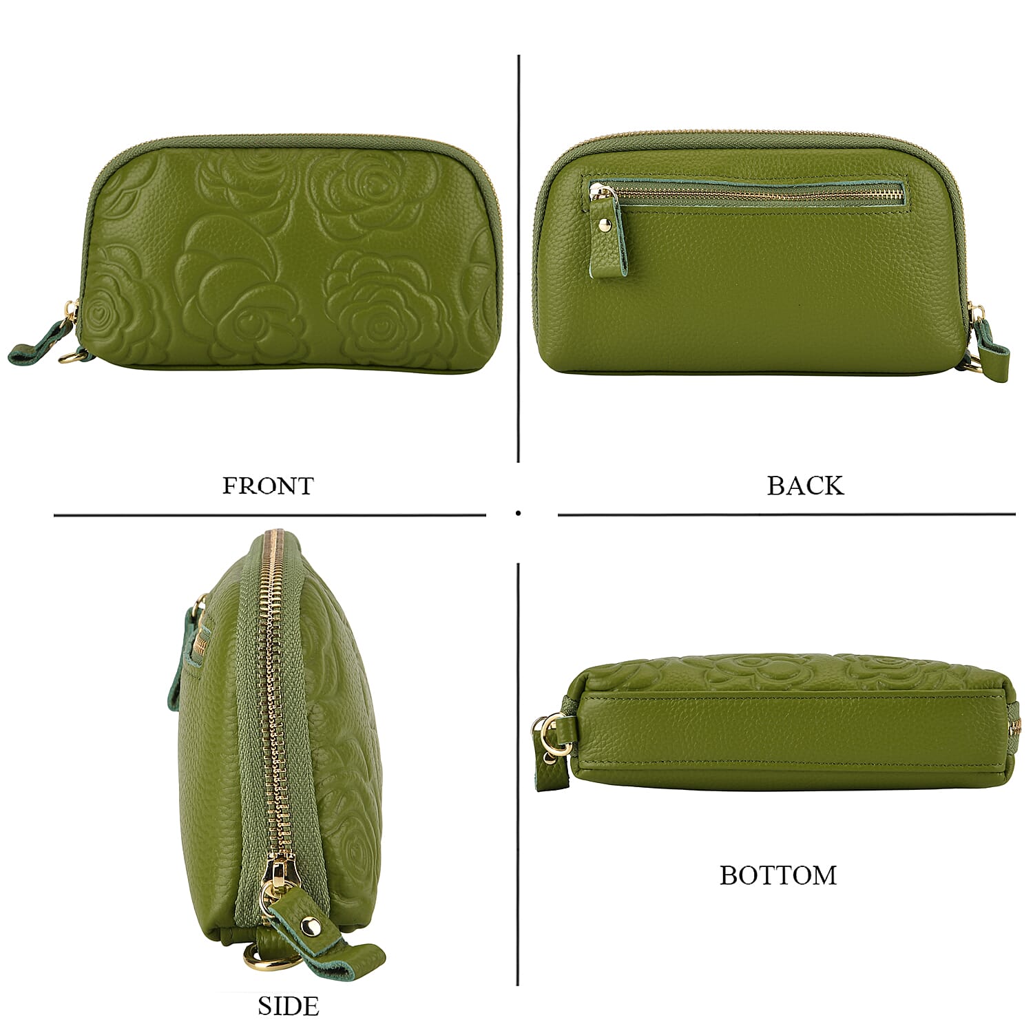 Genuine Leather Floral Embossed Wristlet Clutch Bag - Olive