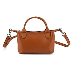 Designer Inspired Genuine Leather Mini Crossbody Bag with Top Handle - Tan