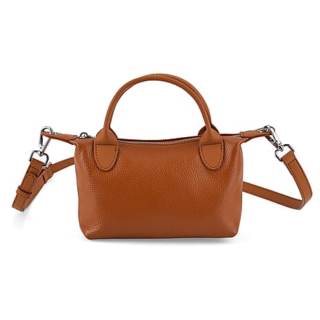 Designer Inspired Genuine Leather Mini Crossbody Bag with Top Handle - Tan