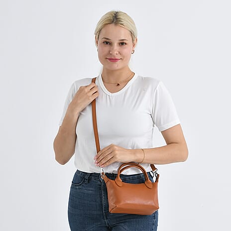 Designer Inspired Genuine Leather Mini Crossbody Bag with Top Handle - Tan