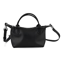 Designer Inspired Genuine Leather Mini Crossbody Bag with Top Handle - Black