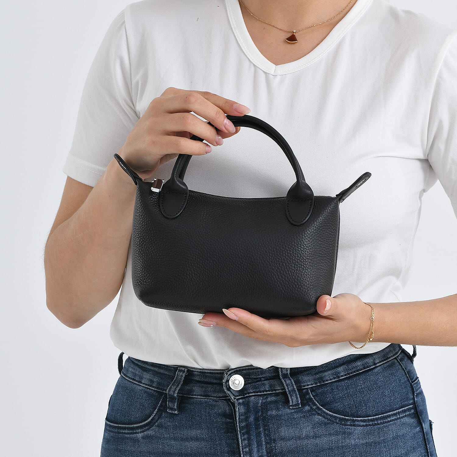 Designer Inspired Genuine Leather Mini Crossbody Bag with Top Handle - Black