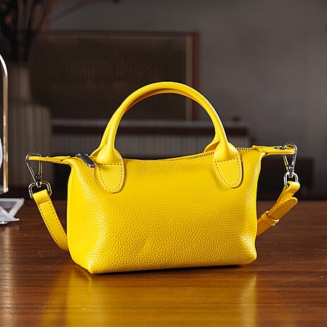 Designer Inspired Genuine Leather Mini Crossbody Bag with Top Handle - Yellow