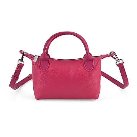 Designer Inspired Genuine Leather Mini Crossbody Bag with Top Handle - Hot Pink