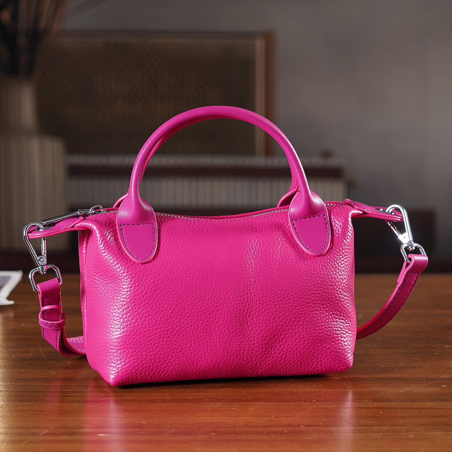 Designer Inspired Genuine Leather Mini Crossbody Bag with Top Handle - Hot Pink