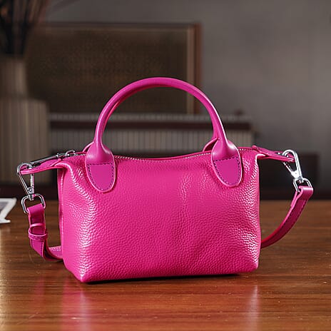 Designer Inspired Genuine Leather Mini Crossbody Bag with Top Handle - Hot Pink