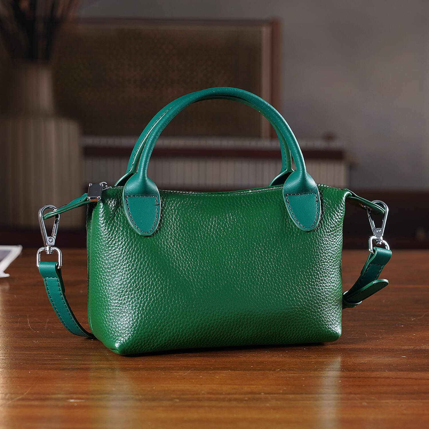 Designer Inspired Genuine Leather Mini Crossbody Bag with Top Handle - Green