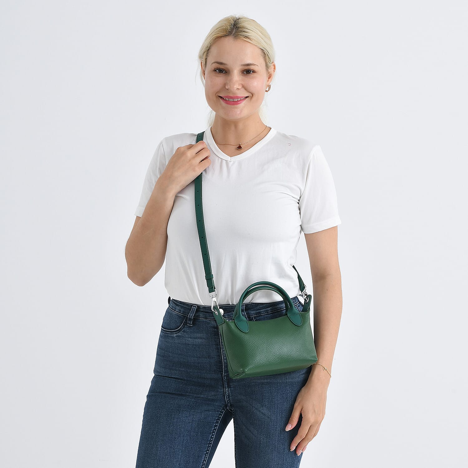 Designer Inspired Genuine Leather Mini Crossbody Bag with Top Handle - Green