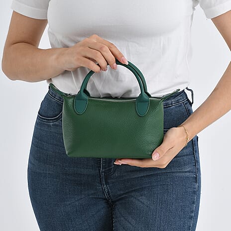 Designer Inspired Genuine Leather Mini Crossbody Bag with Top Handle - Green