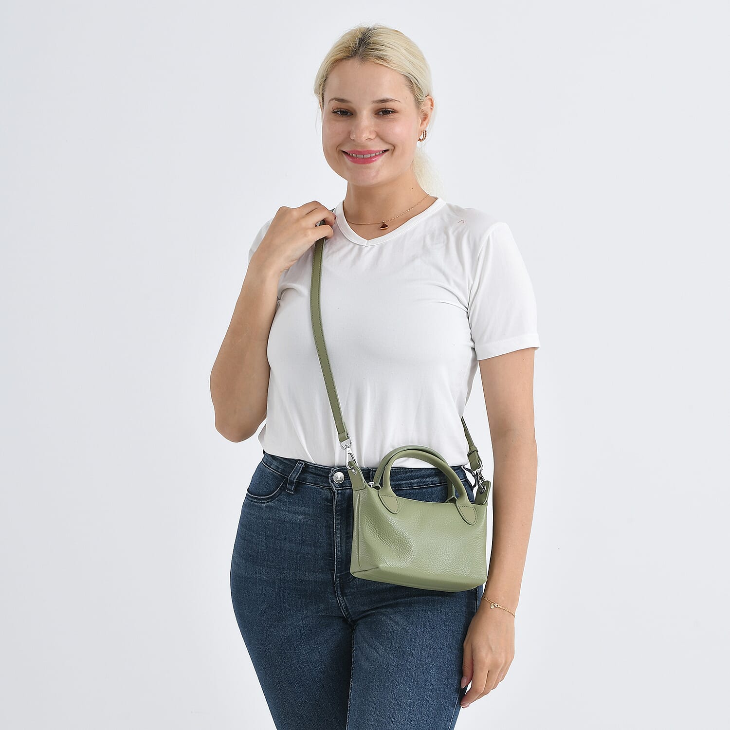 Designer Inspired Genuine Leather Mini Crossbody Bag with Top Handle - Light Green