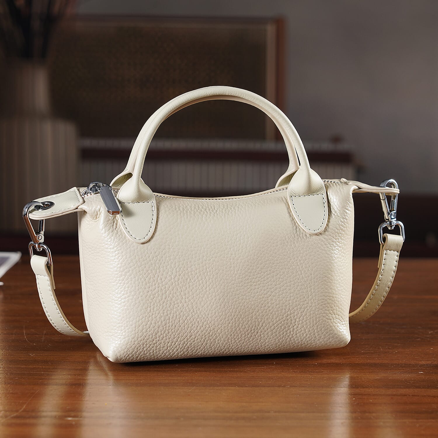 Designer Inspired Genuine Leather Mini Crossbody Bag with Top Handle - Cream