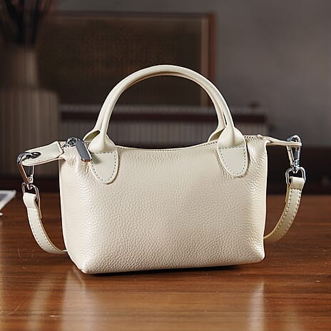 Designer Inspired Genuine Leather Mini Crossbody Bag with Top Handle - Cream