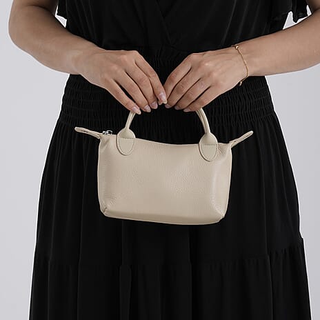 Designer Inspired Genuine Leather Mini Crossbody Bag with Top Handle - Cream