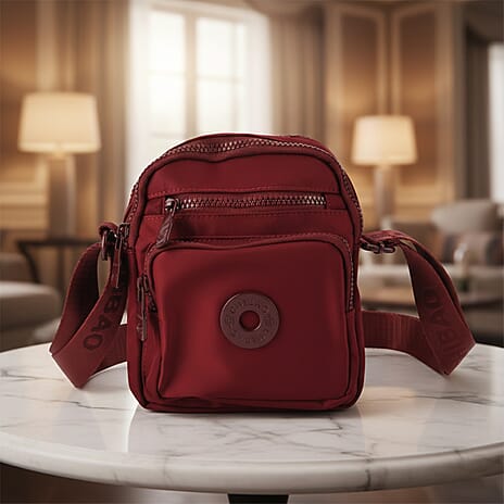 Casual 3-Section, Multi-Pocket Small Crossbody Bag with Wide Adjustable Strap - Burgundy