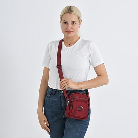 Casual 3-Section, Multi-Pocket Small Crossbody Bag with Wide Adjustable Strap - Burgundy