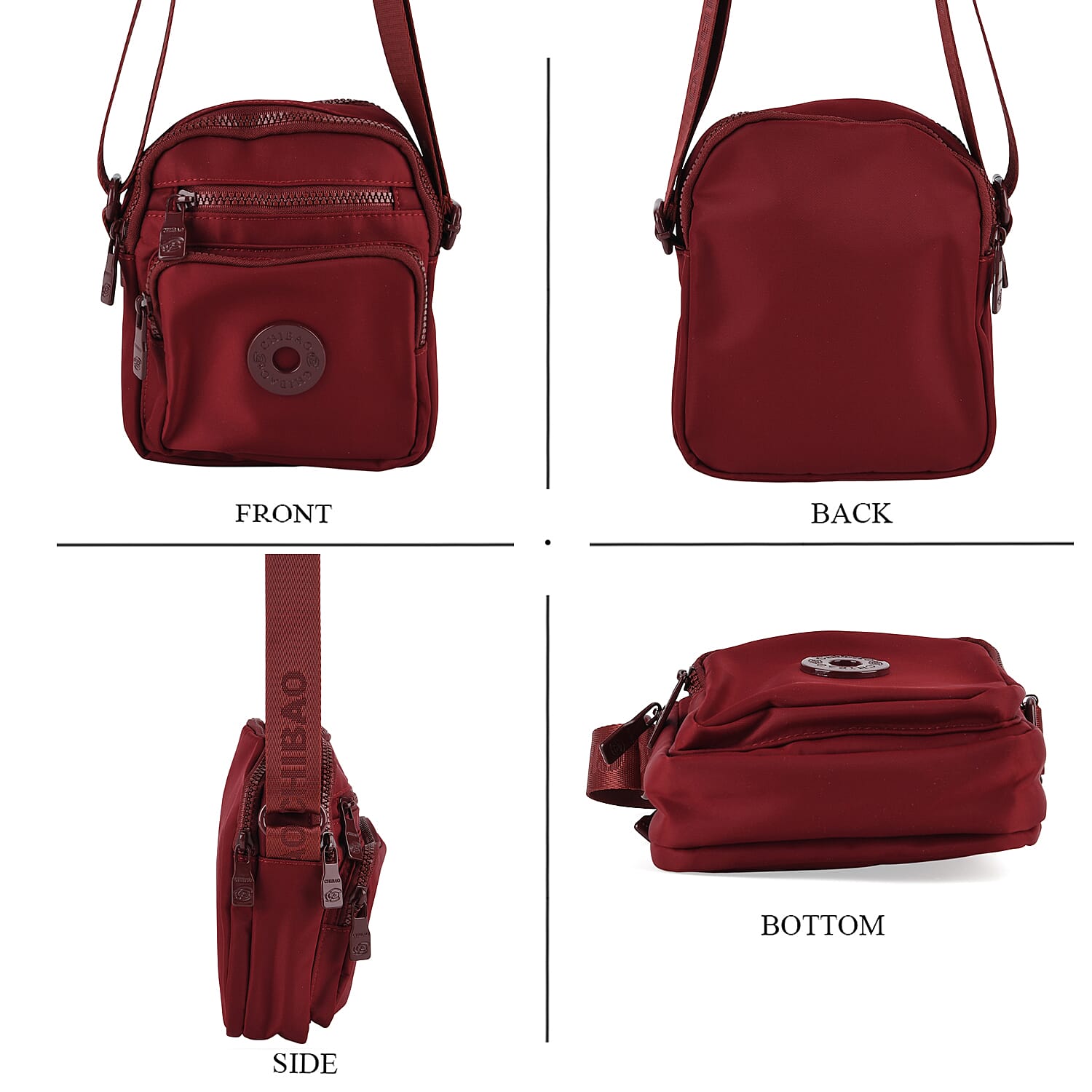 Casual 3-Section, Multi-Pocket Small Crossbody Bag with Wide Adjustable Strap - Burgundy