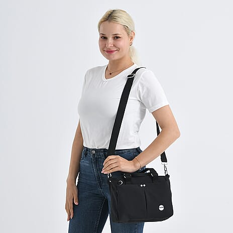 Travel Multi-Compartment Top-Handle Tote Bag with Adjustable Crossbody Strap - Black