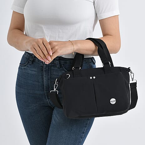 Travel Multi-Compartment Top-Handle Tote Bag with Adjustable Crossbody Strap - Black