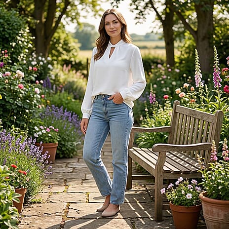 - Maisi Elegant Keyhole Neckline Long-Sleeved Top (Size M, Fit 12 To 14) - White