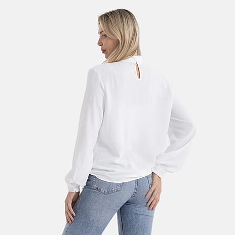 - Maisi Elegant Keyhole Neckline Long-Sleeved Top (Size M, Fit 12 To 14) - White