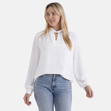 - Maisi Elegant Keyhole Neckline Long-Sleeved Top (Size L, Fit 16 To 18) - White