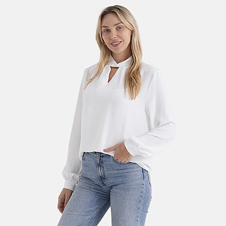 - Maisi Long-Sleeved Blouse with Keyhole Neck Detail (Size XL, Fit 20 To 22) - White