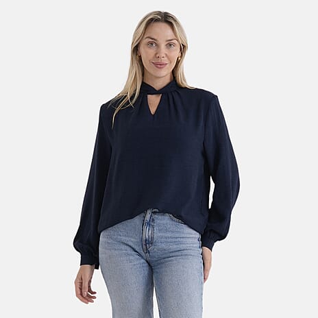 - Maisi Elegant Keyhole Neckline Long-Sleeved Top (Size M, Fit 12 To 14) - Blue