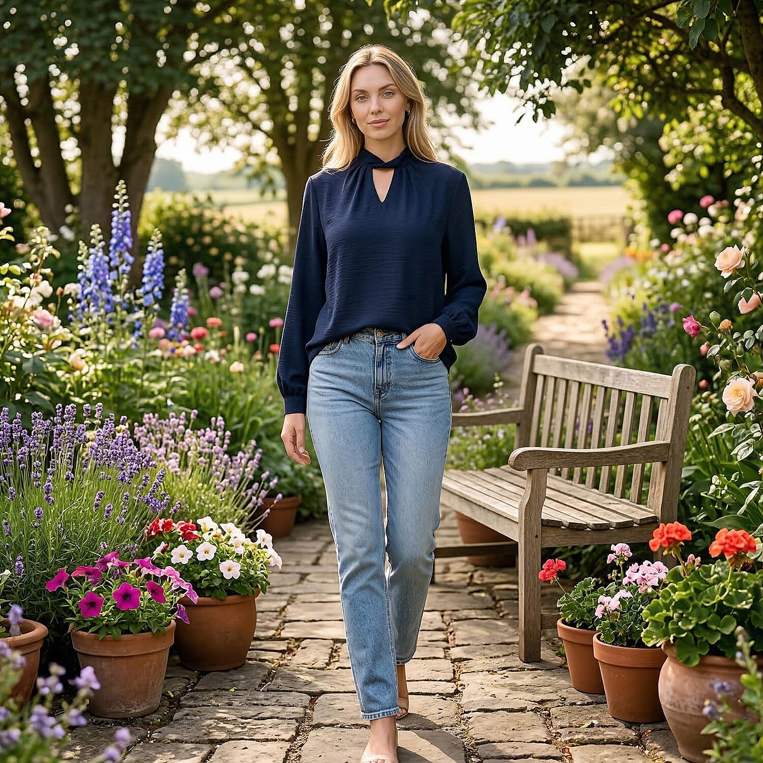 Maisi-Patterned-Blouse-Size-Medium-Blue-Beige