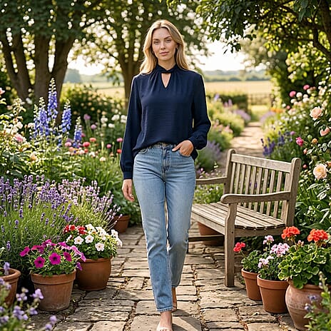 - Maisi Elegant Keyhole Neckline Long-Sleeved Top (Size L, Fit 16 To 18) - Blue