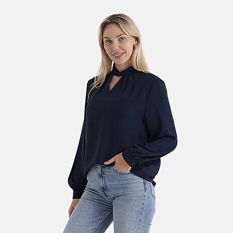 - Maisi Elegant Keyhole Neckline Long-Sleeved Top (Size L, Fit 16 To 18) - Blue