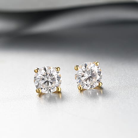 Moissanite Solitaire Stud Earring with Push Back in Yellow Gold Plated Sterling Silver 1.20 Ct