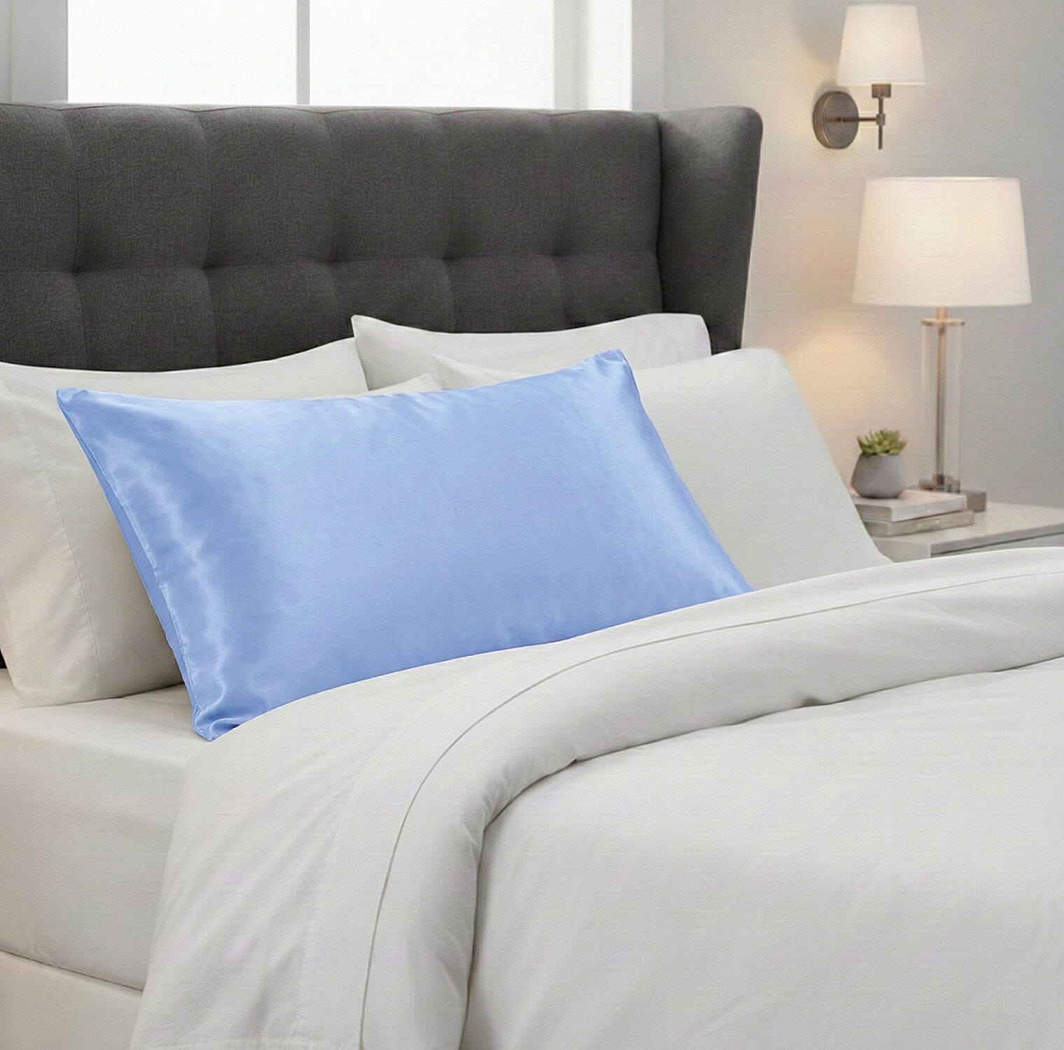 LA Marey Signature Mulberry Silk Pillow Case with Button (Size 75x50 cm) - Light Blue