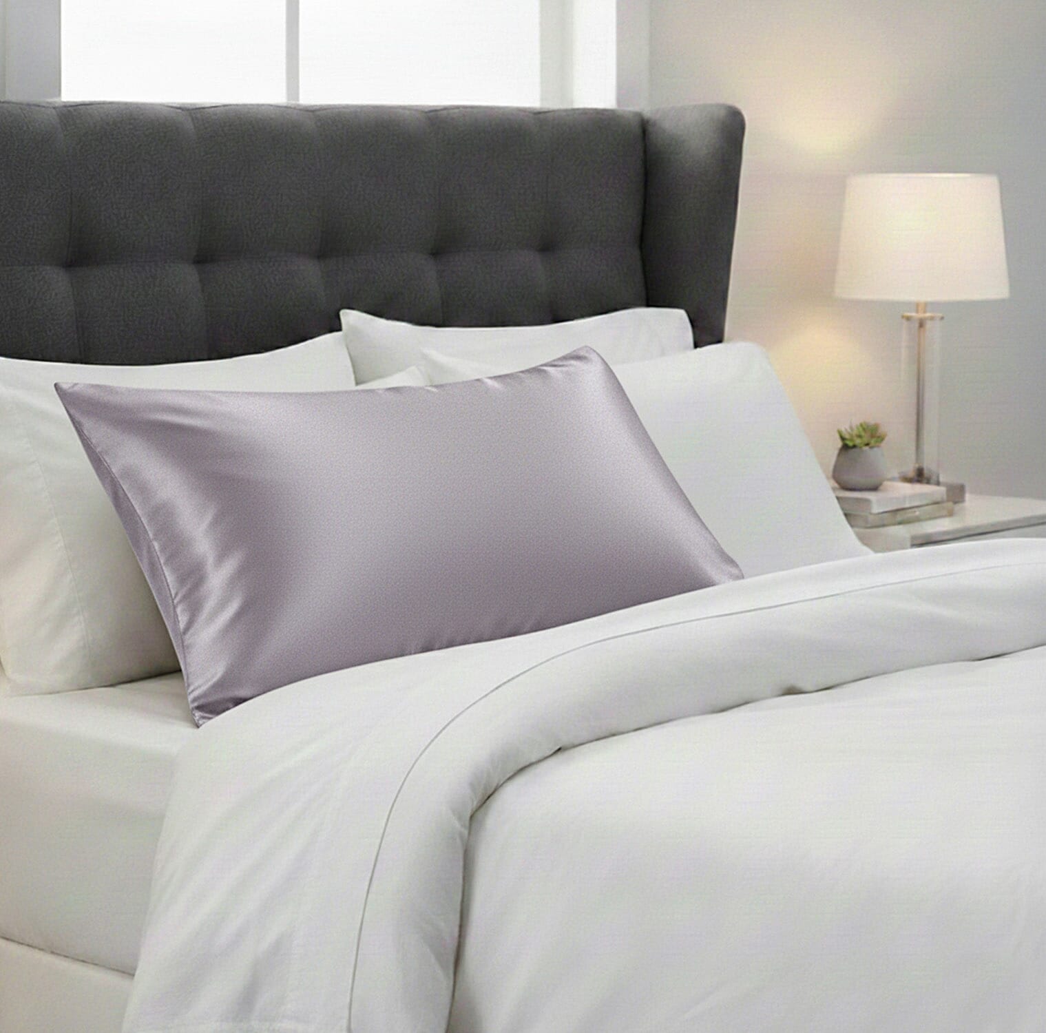 LA Marey Signature Mulberry Silk Pillow Case with Button (Size 75x50 cm) - Silver Grey