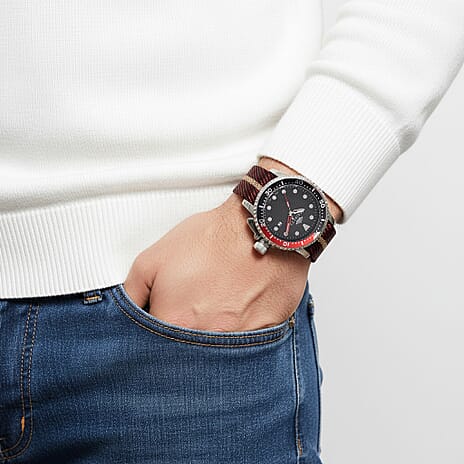 MAJESTY Quartz PC32 3ATM WR Black Hydraulic Dial - Silver Case Mens Watch with Brown Nylon Strap