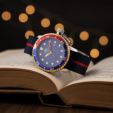 COLLECTORS EDITION - MAJESTY FIELDMASTER Quartz PC32 3ATM WR Blue Hydraulic Dial - Two-Tone Silver-Gold Case Mens Watch with Black Nylon Strap