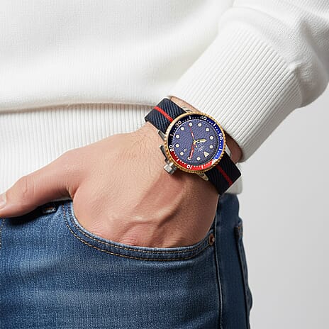 COLLECTORS EDITION - MAJESTY FIELDMASTER Quartz PC32 3ATM WR Blue Hydraulic Dial - Two-Tone Silver-Gold Case Mens Watch with Black Nylon Strap