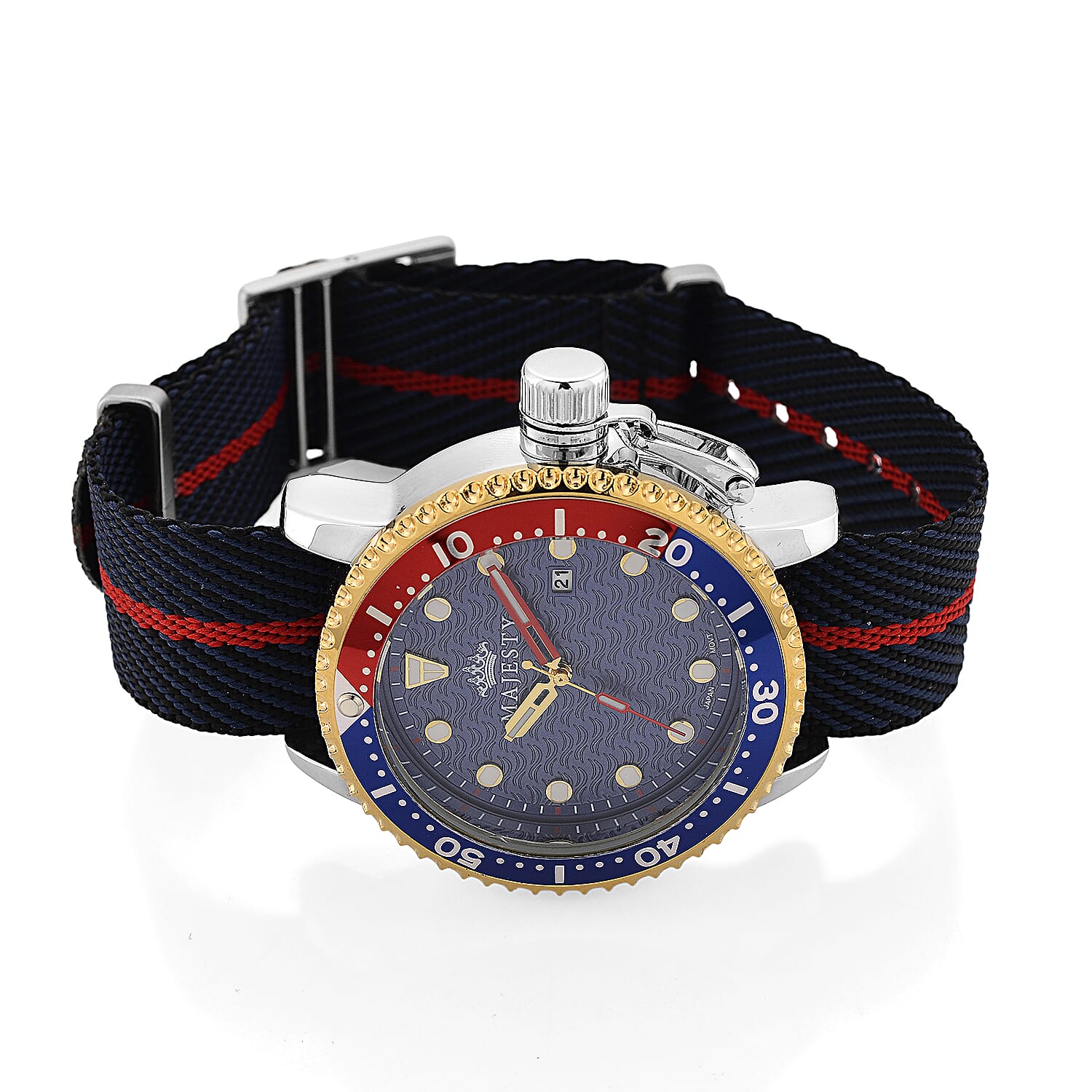 COLLECTORS EDITION - MAJESTY FIELDMASTER Quartz PC32 3ATM WR Blue Hydraulic Dial - Two-Tone Silver-Gold Case Mens Watch with Black Nylon Strap