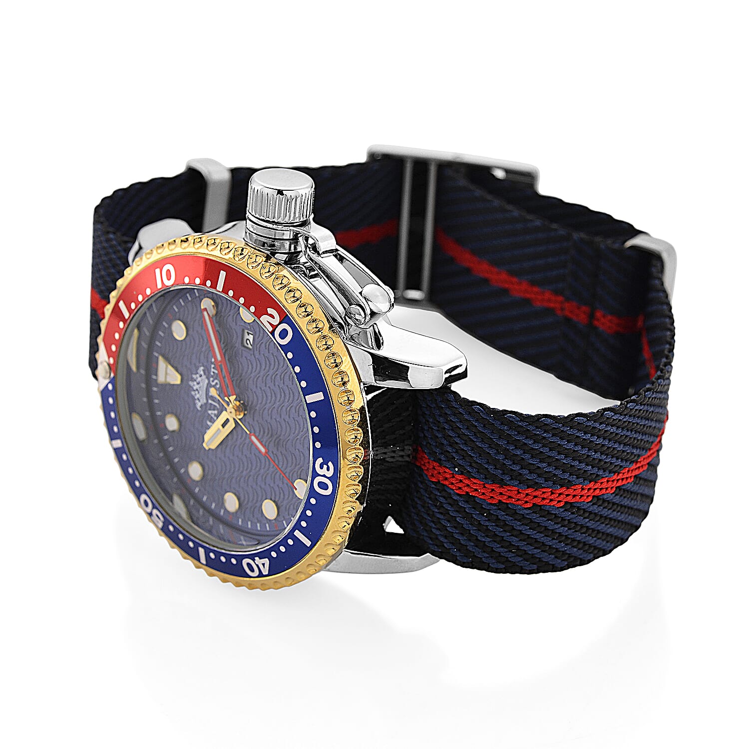 COLLECTORS EDITION - MAJESTY FIELDMASTER Quartz PC32 3ATM WR Blue Hydraulic Dial - Two-Tone Silver-Gold Case Mens Watch with Black Nylon Strap