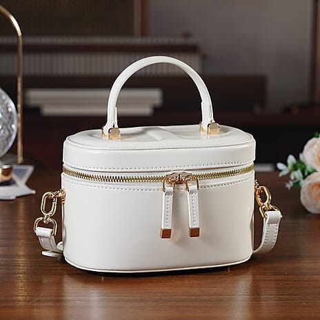 Valissiere Designer Inspired Genuine Leather Structured Vanity Top Handle Bag With Gold Tone Hardware And Detachable Crossbody Strap - Off White