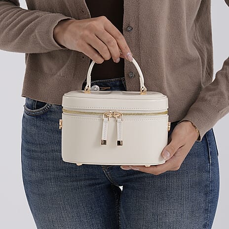 Valissiere Designer Inspired Genuine Leather Structured Vanity Top Handle Bag With Gold Tone Hardware And Detachable Crossbody Strap - Off White