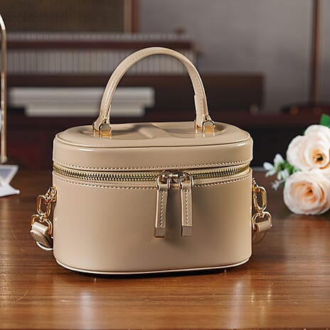 Valissiere Designer Inspired Genuine Leather Structured Vanity Top Handle Bag With Gold Tone Hardware And Detachable Crossbody Strap - Khaki