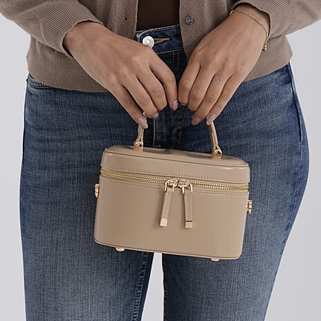 Valissiere Designer Inspired Genuine Leather Structured Vanity Top Handle Bag With Gold Tone Hardware And Detachable Crossbody Strap - Khaki