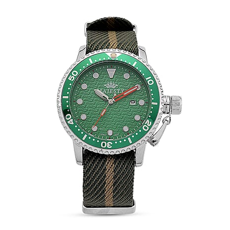 COLLECTORS EDITION -  -MAJESTY FIELDMASTER Quartz PC32 3ATM WR Green Hydraulic Dial - Silver Case Mens Watch with Green Nylon Strap