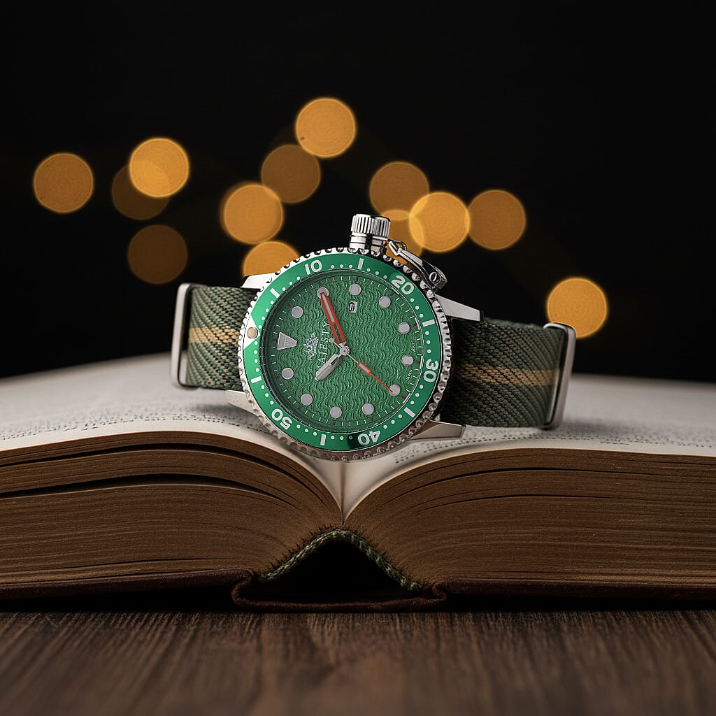 COLLECTORS EDITION -  -MAJESTY FIELDMASTER Quartz PC32 3ATM WR Green Hydraulic Dial - Silver Case Mens Watch with Green Nylon Strap