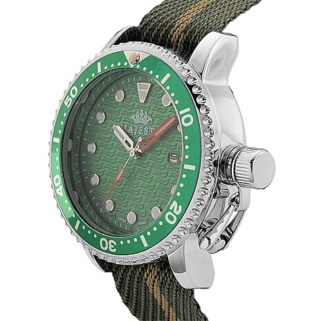 COLLECTORS EDITION -  -MAJESTY FIELDMASTER Quartz PC32 3ATM WR Green Hydraulic Dial - Silver Case Mens Watch with Green Nylon Strap