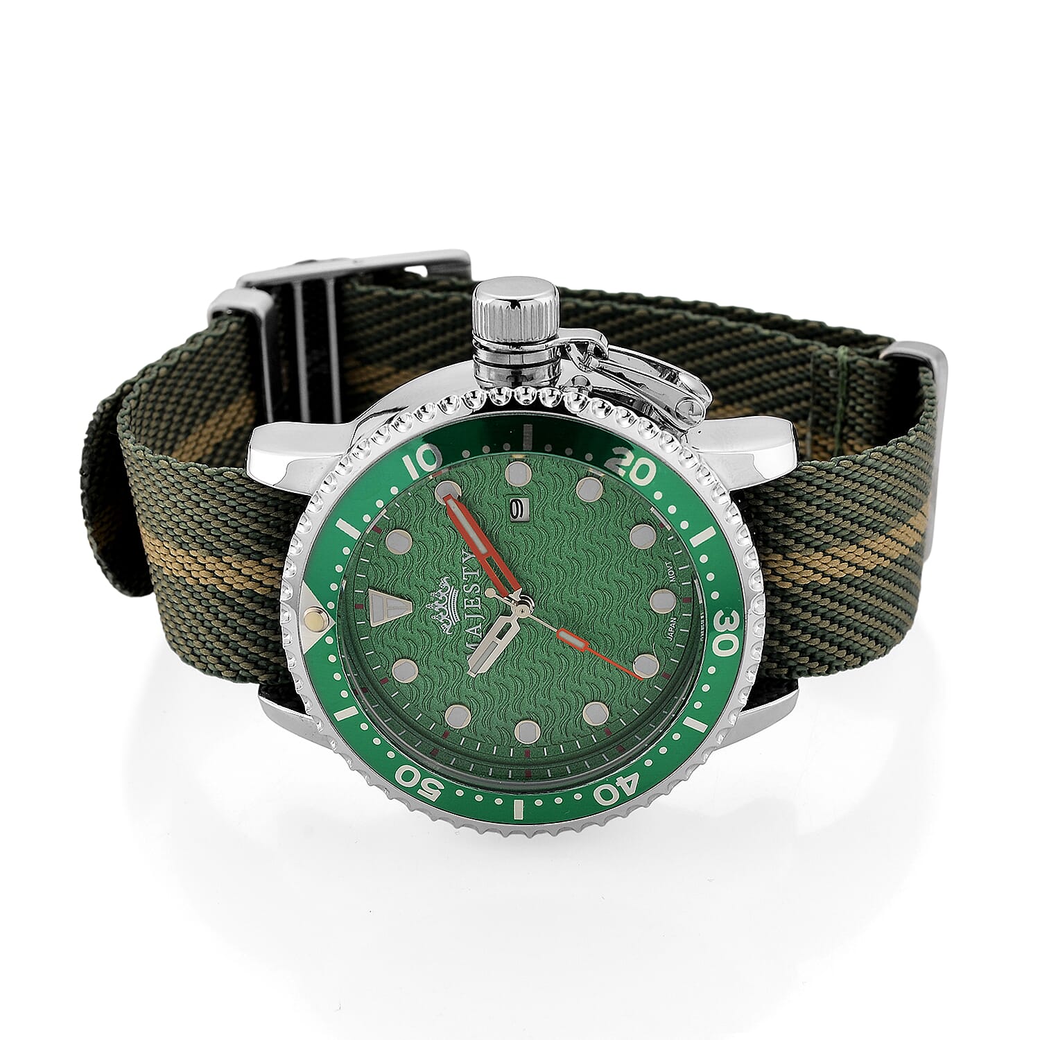 COLLECTORS EDITION -  -MAJESTY FIELDMASTER Quartz PC32 3ATM WR Green Hydraulic Dial - Silver Case Mens Watch with Green Nylon Strap