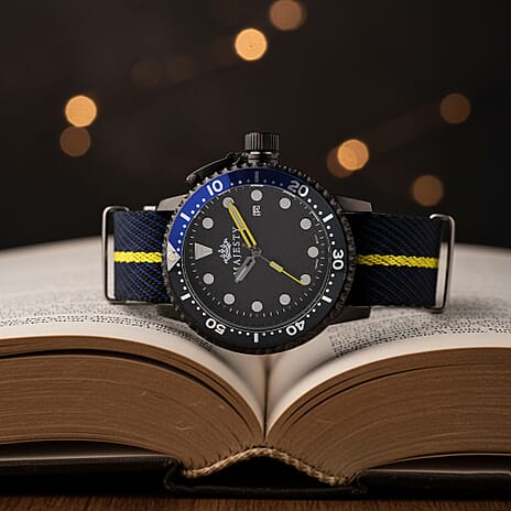 MAJESTY Quartz PC32 3ATM WR Black Hydraulic Dial - Black Case Mens Watch with Black - Blue Nylon Strap