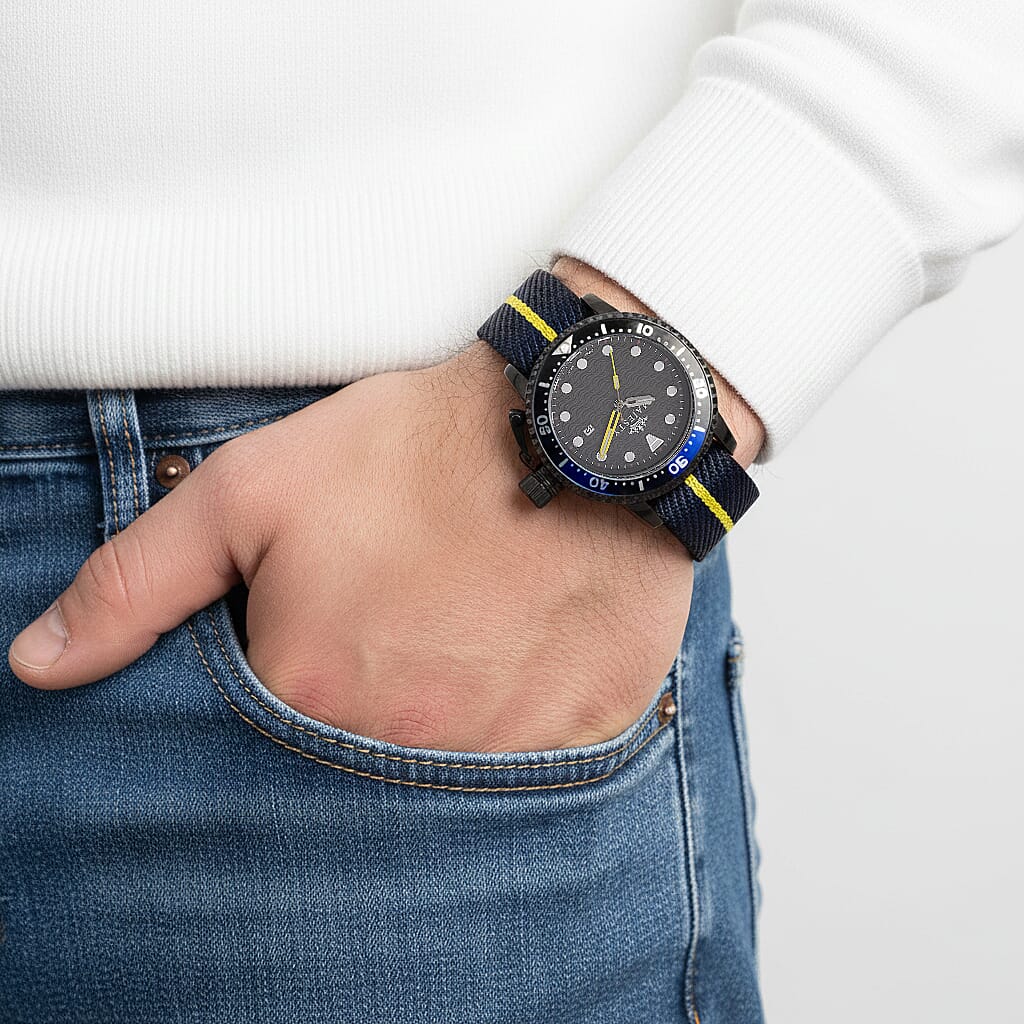 COLLECTORS EDITION - MAJESTY FIELDMASTER Quartz PC32 3ATM WR Black Hydraulic Dial - Black Case Mens Watch with Black - Blue Nylon Strap
